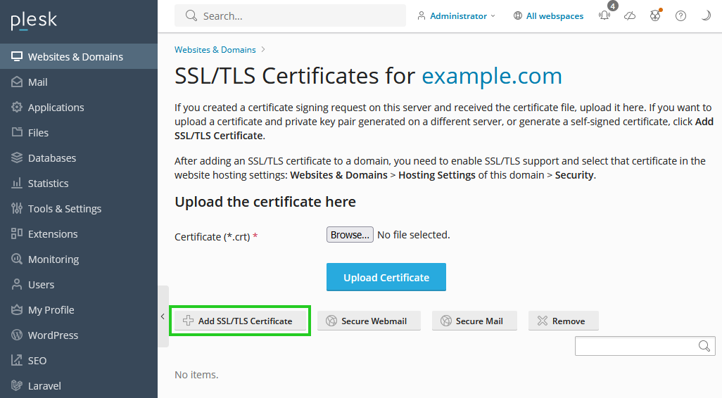 illustrate upload an IONOS SSL certificate, click on + Add SSL/TLS certificate. The Add SSL/TLS certificate page is then displayed.